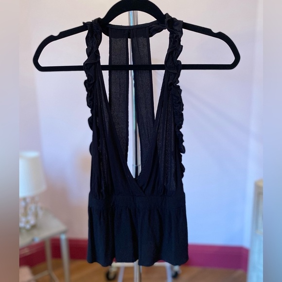 Black Halter Ruffle Top Open Back Sleeveless low cut Small - Picture 4 of 11